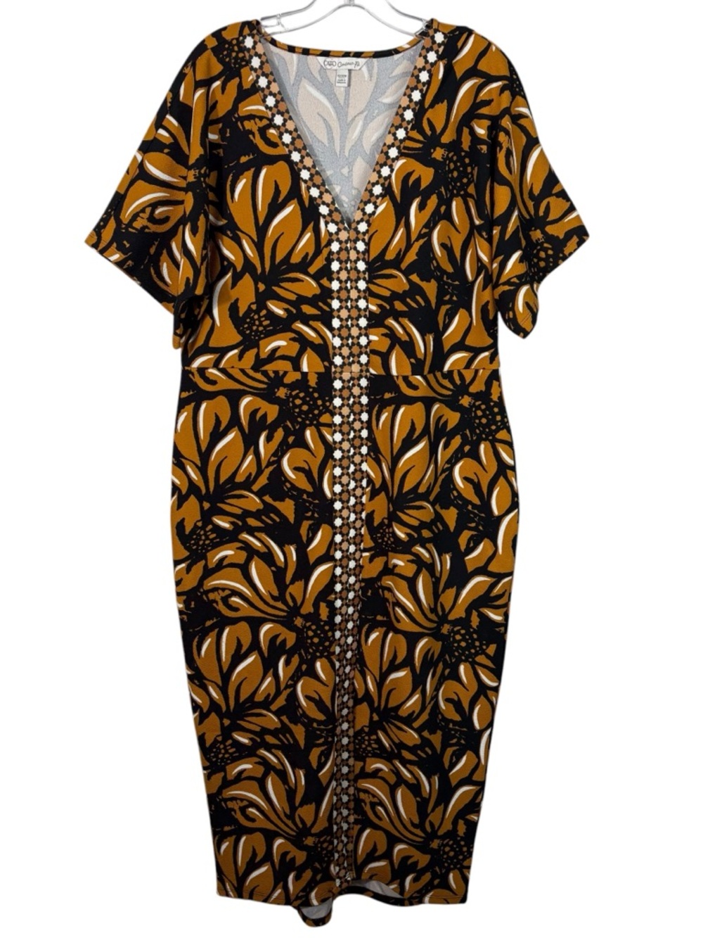 Cato Contour Fit Golden Navy Blue Floral Midi Tea Length Shift Dress Plus Size